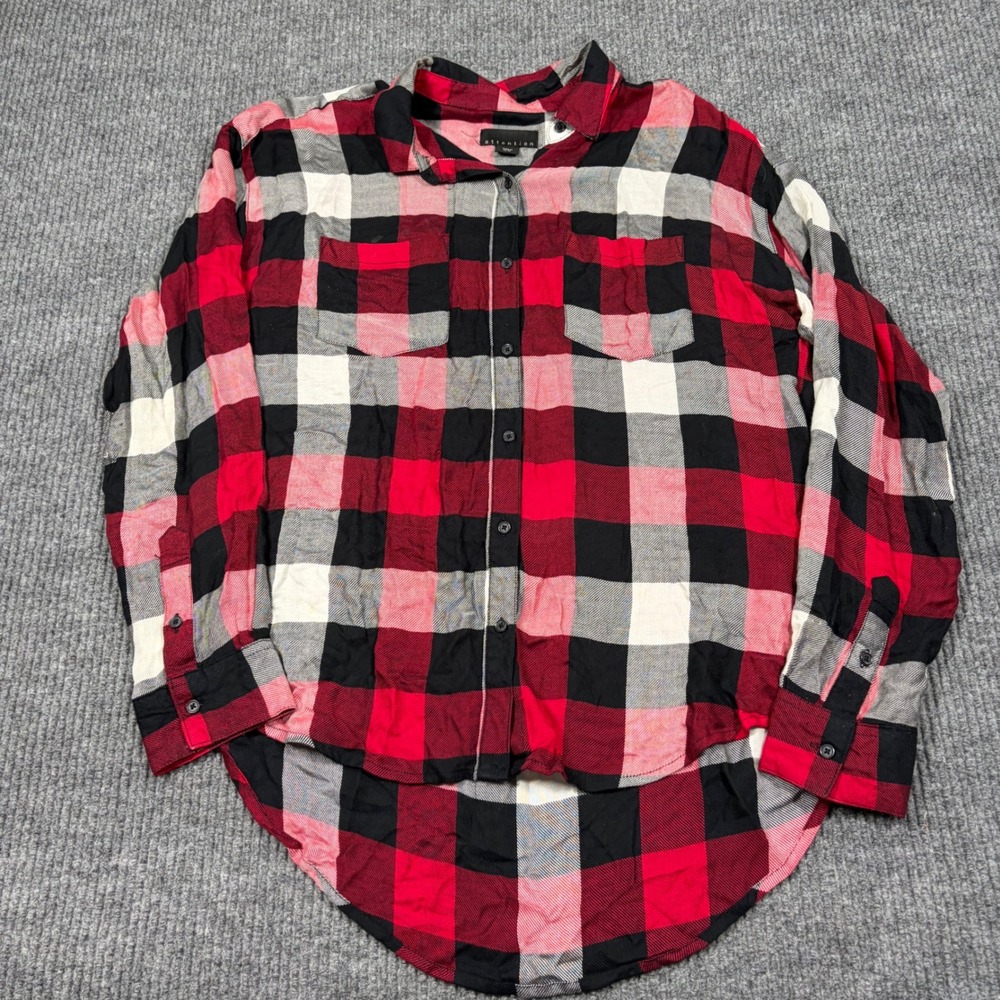 Attention Shirt Womens M Red Black Buffalo Plaid Button Down Flannel Hi-Low
